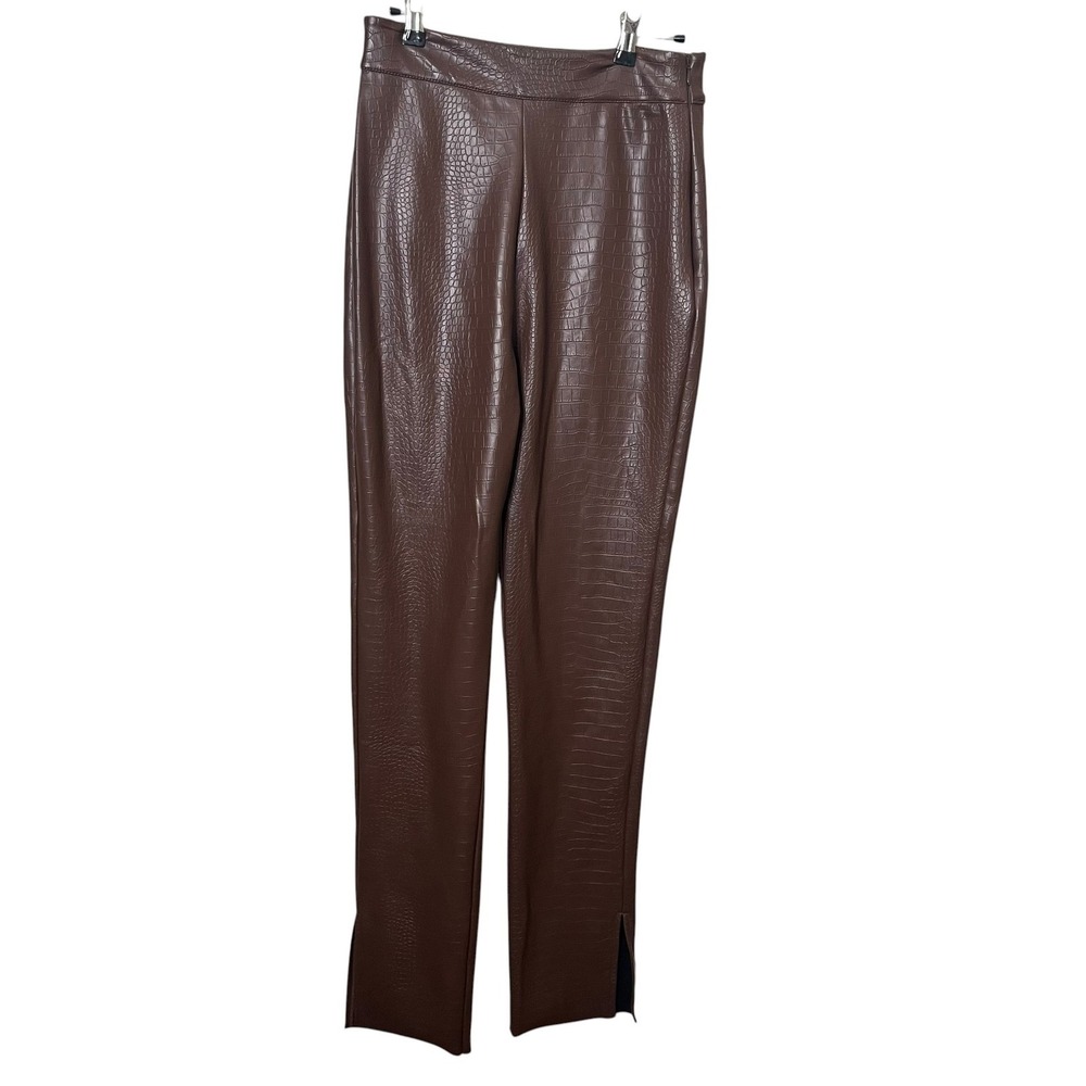 MESHKI Chocolate Brown Croc Embossed Faux Leather Skinny Pants Ankle Slit Medium - Picture 2 of 11